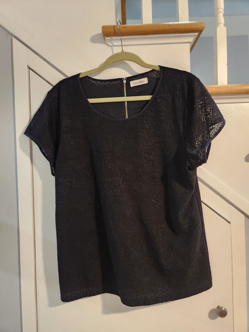 Calvin Klein Black Floral Lace Exposed Back Zipper Blouse Large
